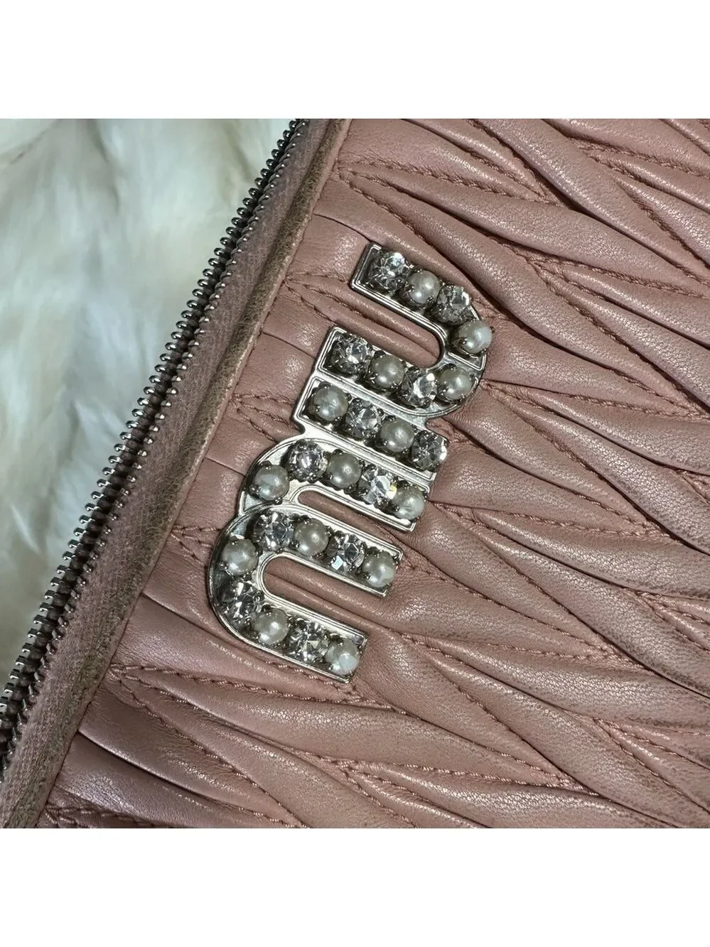 MIU MIU LOGO PEARL RHINESTONE MATELASSE LEATHER ZIPPY ZIP AROUND LONG WALLET